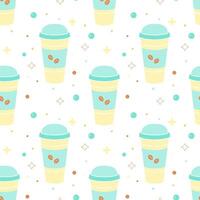 Paper or plastic cup with drink and coffee beans on background of colored confetti and stars, seamless pattern. vector