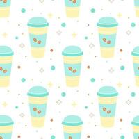 Paper or plastic cup with drink and coffee beans on background of colored confetti and stars, seamless pattern. vector