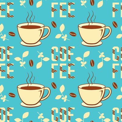 Coffee mugs with hot drink and coffee beans and letters seamless pattern on blue background.