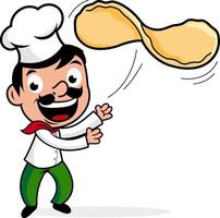 A cartoon Italian chef making a pizza, tossing pizza dough. Pizzeria Italian cook making a pizza. Fast food and takeaway eating. vector