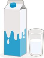 Fresh glass of milk for breakfast drink. Milk box carton and a served glass of milk on white background. vector