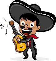 Mexican mariachi man with a sombrero hat, singing and playing the guitar. Cartoon Mexican party Cinco de Mayo celebration. vector