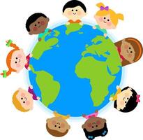 Happy children around the Earth globe. Diverse multiracial boys and girls around the world with peace, unity and friendship. Happy kids from around the world near planet earth. vector