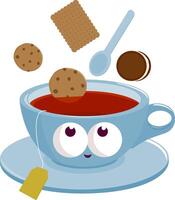 un caliente lleno de vapor taza de té personaje, un cuchara, galletas y galletas. caliente bebida jarra dibujos animados y dulce desayuno meriendas. vector