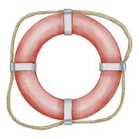 Lifebuoy watercolor illustration. Drawing of round life Preserver painted in ring and white colors for icon or logo. Hand drawn ring for safety in a sea on isolated background. Nautical art with rope vector