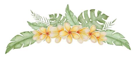 Plumeria Watercolor illustration. Frangipani flower with tropical palm leaves. Hand drawn floral border for frame on isolated background. Bouquet of exotic summer plants for invitations or cards vector