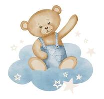 Teddy Bear watercolor illustration. Drawing of little cute animal in pastel brown and blue colors for Baby shower invitations or happy birthday greeting cards. Character with cloud and stars for boy vector