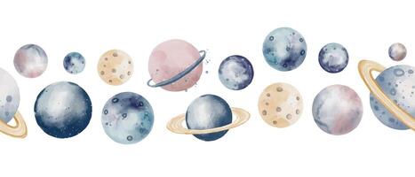 Watercolor seamless Border with Planets for baby design in paste vector