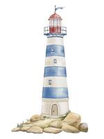 Watercolor Lighthouse on a rock. Illustration of Beacon in pastel blue and beige colors. Drawing of Light house for Baby shower design in nautical style. Marine landscape for childish poster vector