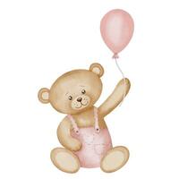 Teddy Bear with balloon watercolor illustration. Hand drawn sketch of little cute animal in pastel beige and pink colors for Baby shower invitations or happy birthday greeting cards for girls vector