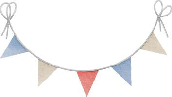 Bunting Flag. Watercolor illustration of triangular garland in pastel blue, red and yellow colors. Drawing of pennants for Baby shower party greeting cards or party invitation cards. Cute hanging vector