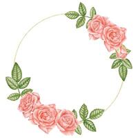 Wreath with pink Rose Flowers and green leaves. Hand drawn illustration of round Template with blooming plants for greeting cards or wedding invitations. Floral border. Botanical circular Frame. vector