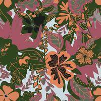 a floral pattern with green and orange flowers vector