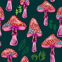 a pattern with mushrooms and leaves on a dark background vector