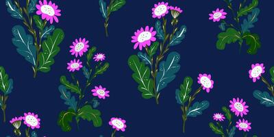 a pattern with pink flowers and leaves on a dark blue background vector