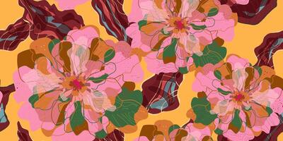 a pattern with pink and brown flowers on an orange background vector