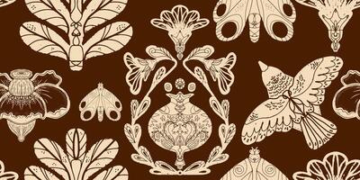 a brown and white pattern with flowers and birds vector