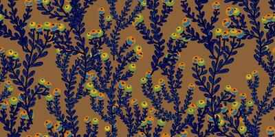 a pattern with blue and yellow flowers on a brown background vector