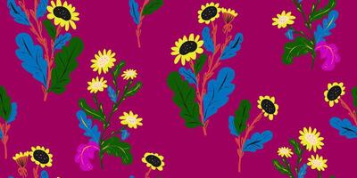 a pattern with flowers and leaves on a purple background vector