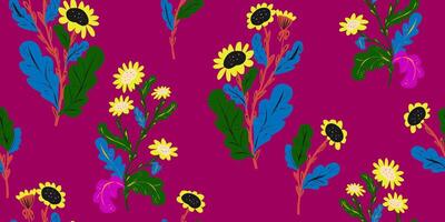 a pattern with flowers and leaves on a purple background vector