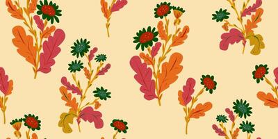 a pattern with flowers and leaves on a yellow background vector