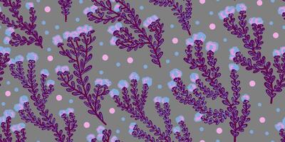 a pattern with purple and pink flowers on a gray background vector