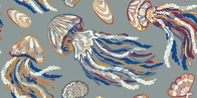 Wavy Jellyfish Colorful Tropical Sea Animals. seamless overlapping pattern. vector