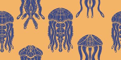 Stylized jellyfish graphics linocut texture. Texture print. overlapping seamless pattern vector