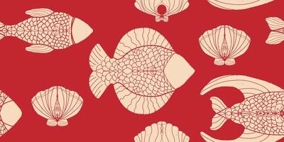 a red and white fish pattern on a red background vector