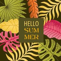 Hello Summer banner, poster or cover with abstract tropical leaves and modern typography. Design template for branding, advertising, promo events and sale. Tropical Summer card in minimalist style. vector