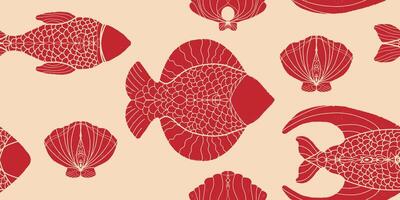 a pattern of fish and shells on a beige background vector