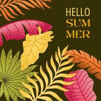 Hola verano bandera, póster o cubrir con resumen tropical hojas y moderno tipografía. diseño modelo para marca, publicidad, promoción eventos y venta. tropical verano tarjeta en minimalista estilo. vector