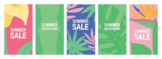 Colorful tropical sale banners with vibrant leaves and flowers, perfect for summer promotions. vector