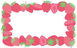 Digital illustration of a strawberry border frame with whole and sliced strawberries on white background vector