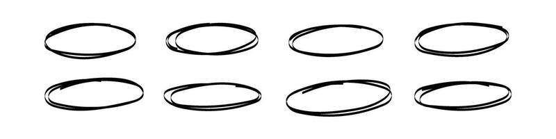 Hand drawn oval and circular shapes with pen and pencil. Scribbles, doodles, and brush strokes. sketch marker highlights and handwritten notes. Flat illustration isolated on white background. vector