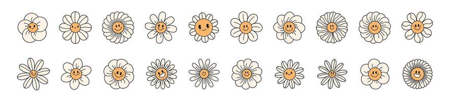 Cute daisy flower face with smiley emoji. Retro groovy cartoon character with happy expression. Y2K graphic sticker. Flat illustration isolated on white background. vector