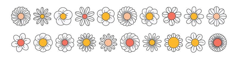 Retro flower with groovy daisy face and cute smile. 70s cartoon pattern with happy character. Psychedelic floral and hippy icon. Flat illustration isolated on white background. vector