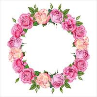 Pink roses wreath composition. Flowers with leaves round copy space frame. Hand drawn watercolor illustration isolated on white background. Floral Valentine's cards, birthday or wedding invitations vector