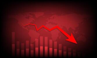 Red arrow graph drop arrow down with world map on red background. Money losing. Stock crisis and finance concept. vector