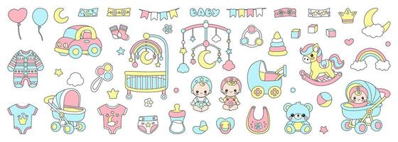 Baby care icon set for newborn girls and boys. Cartoon nursery pastel collection with toys, rocking horse, cradle and clothes for kindergarten. illustration isolated on white background. vector