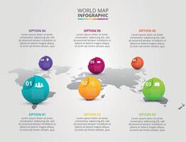 mundo mapa con infografía elementos. modelo para diagrama, grafico, presentación. negocio concepto con 6 6 opciones, partes, pasos o procesos. vector