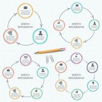 Doodle circle elements with arrows for infographic. Template for cycling diagram, graph, presentation and round chart. Business concept with 3, 4, 5, 6 options, parts, steps or processes. vector