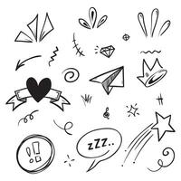 Hand drawn set elements, Abstract arrows, ribbons, hearts, stars, crowns and other elements in a hand drawn style for concept designs. Scribble illustration. vector