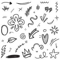 Hand drawn set elements, Abstract arrows, ribbons, hearts, stars, crowns and other elements in a hand drawn style for concept designs. Scribble illustration. vector