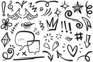mano dibujado conjunto elementos, resumen flechas, cintas, corazones, estrellas, coronas y otro elementos en un mano dibujado estilo para concepto diseños Escribiendo ilustración. vector