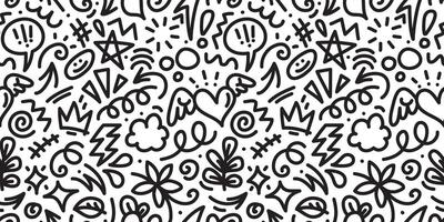 Seamless pattern hand drawn set elements, abstract arrows, ribbons, hearts, stars, crowns and other elements in hand drawn style for concept design. Scribble illustration. vector