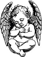 dormido bebé ángel negro y blanco ilustración contorno silueta vector