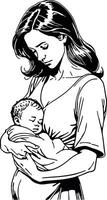 Mother holding a sleeping baby outline silhouette vector
