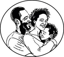 Happy happy family hugging outline black and white vector