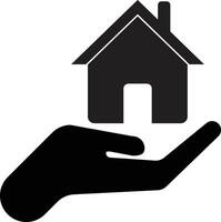 House icon on hand . Hand holding house icon . Insurance icon vector